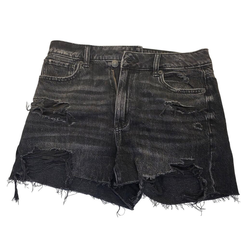 American Eagle High Rise Distressed Black Denim Shorts Size 2 Frayed Hem